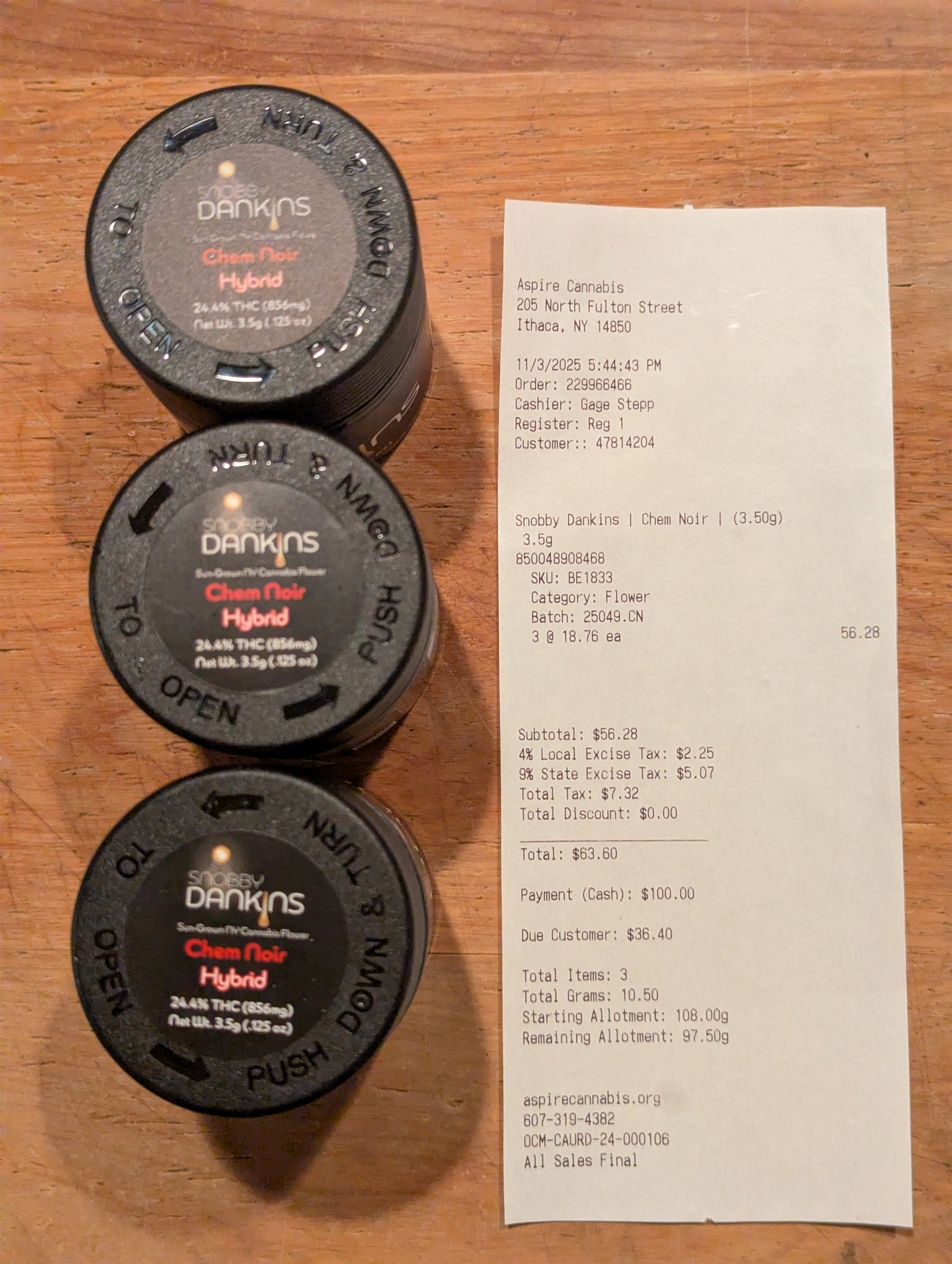 ./2025-11-03 - PXL_20251105_220643428 - MMJ Aspire - 3 x 3.5 gm Snobby Dankins 'Chem Noir' - $63.60.png